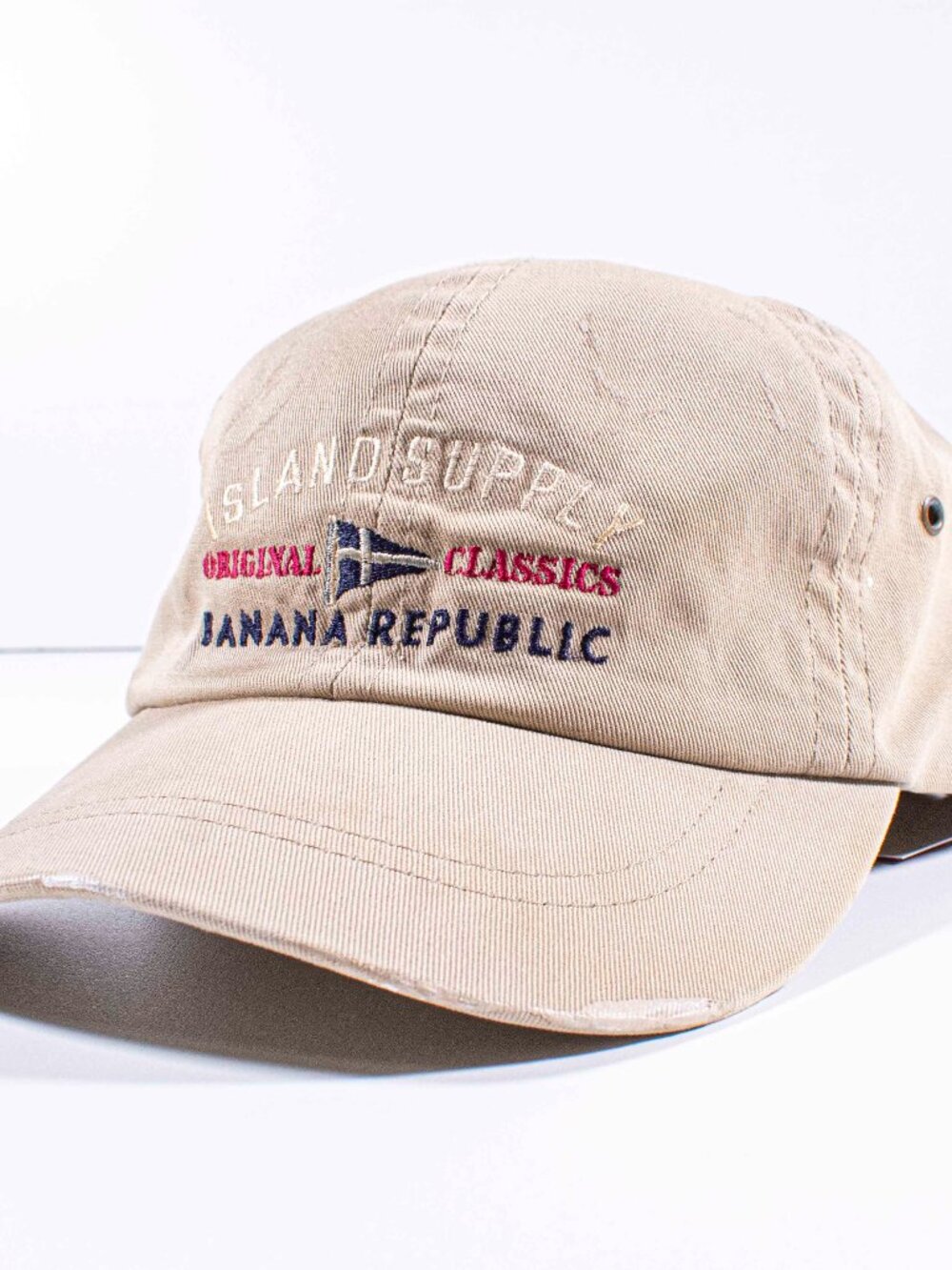 VTG 90s Banana Republic Island Supply Hat Leather Strap Distressed Made In USA